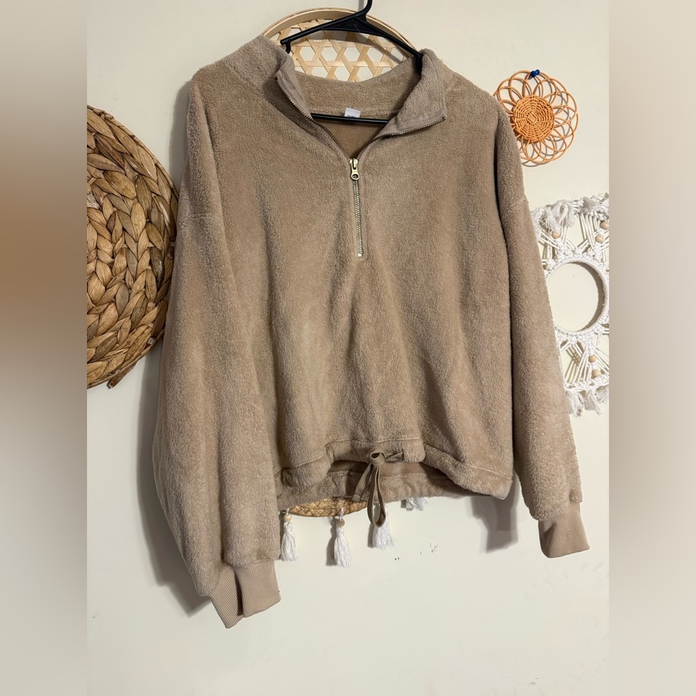 Old Navy Taupe Plush Half-Zip Fleece with Gold Zipper